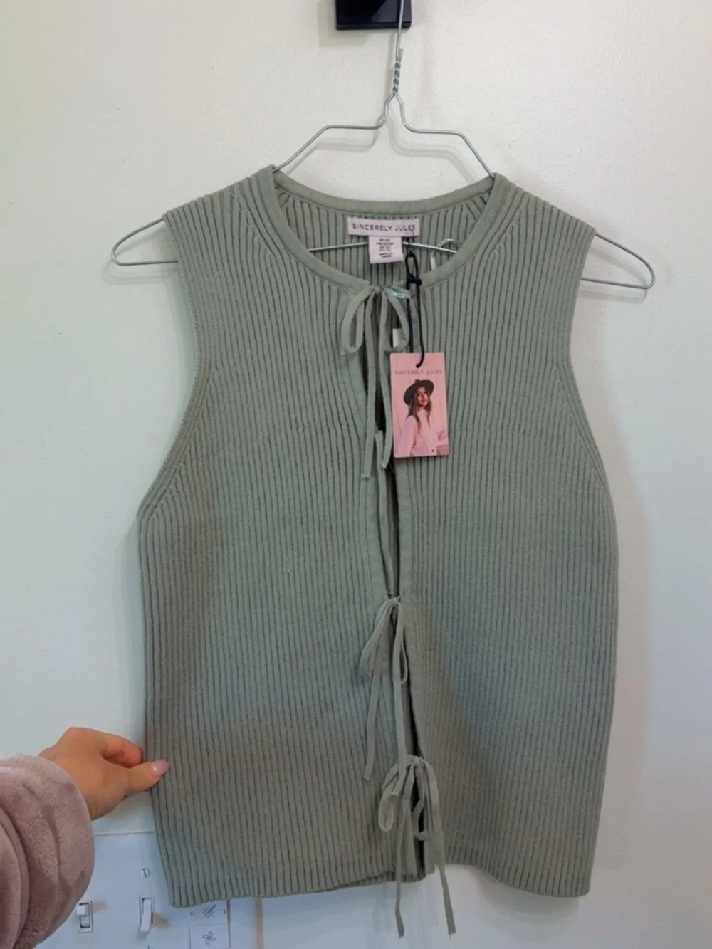 Sincerely Jules Sage Green Ribbed Tie-Front Tank Top - Picture 3 of 3